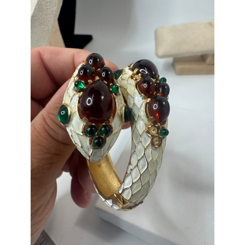 Vintage Trifari Snake Bypass Clamper Bracelet White Enamel Amber Green Cabochon